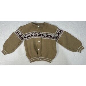 Vintage 1970s Kids Reindeer Nordic Cardigan Sweater Tan Brown Fair Isle
